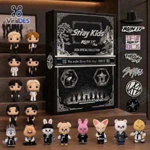 Front view of Stray Kids 2026 Special Collection Advent Calendar box with figures and plush toys.