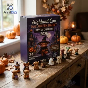 Front view of the Highland Coo Halloween Haunt Advent Calendar 2026 box with collectible animal figures on a wooden table.