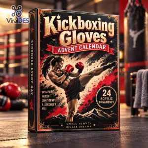 Perspective view of a kickboxing gloves acrylic Christmas advent calendar box with a female fighter graphic.