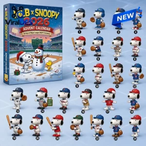 Front view of MLB x Snoopy 2026 Advent Calendar box next to twenty-four numbered figurine toys.