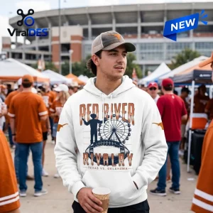Man wearing a white Texas Longhorns Red River Rivalry hoodie at a stadium tailgate.