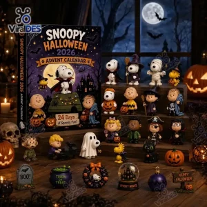Front view of the Snoopy Peanuts Halloween 2026 Advent Calendar box alongside twenty-four themed character figurines.