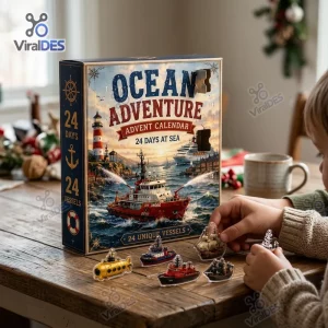 Child playing with small toy vessels next to the Ocean Adventure Ship Advent Calendar on a wooden table.