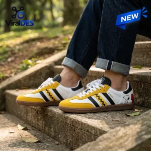 Side view of Peanuts Snoopy Charlie Brown Zigzag Adidas Samba Shoes worn on stone steps.