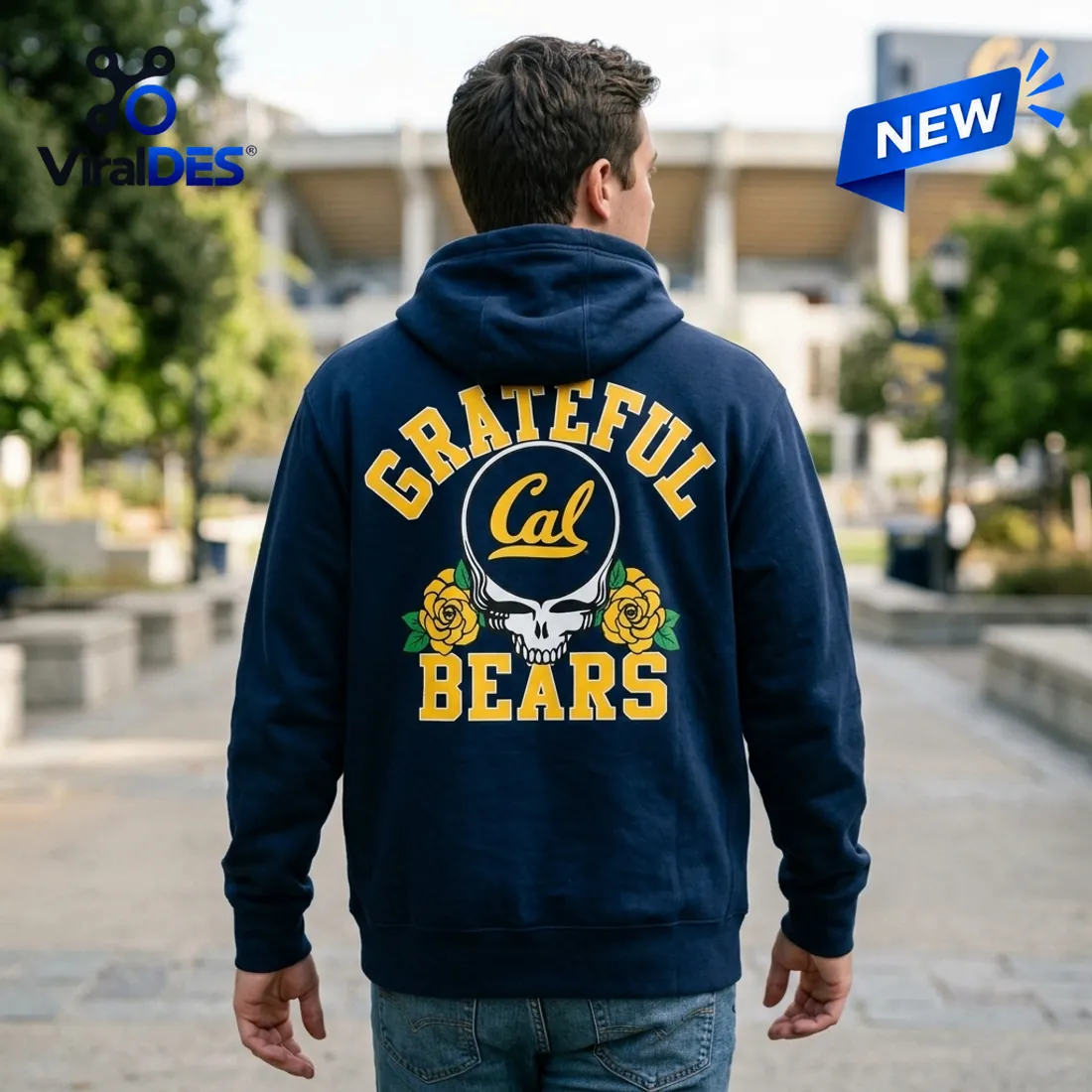 Rear view of the California Golden Bears Grateful Dead Hoodie in deep navy displaying the arched GRATEFUL BEARS lettering and Cal skull emblem