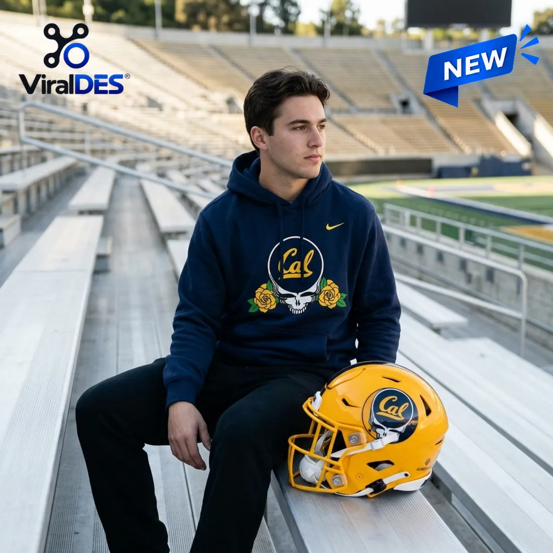 Front view of the California Golden Bears Grateful Dead Hoodie worn on stadium bleachers displaying the chest crest and kangaroo pocket