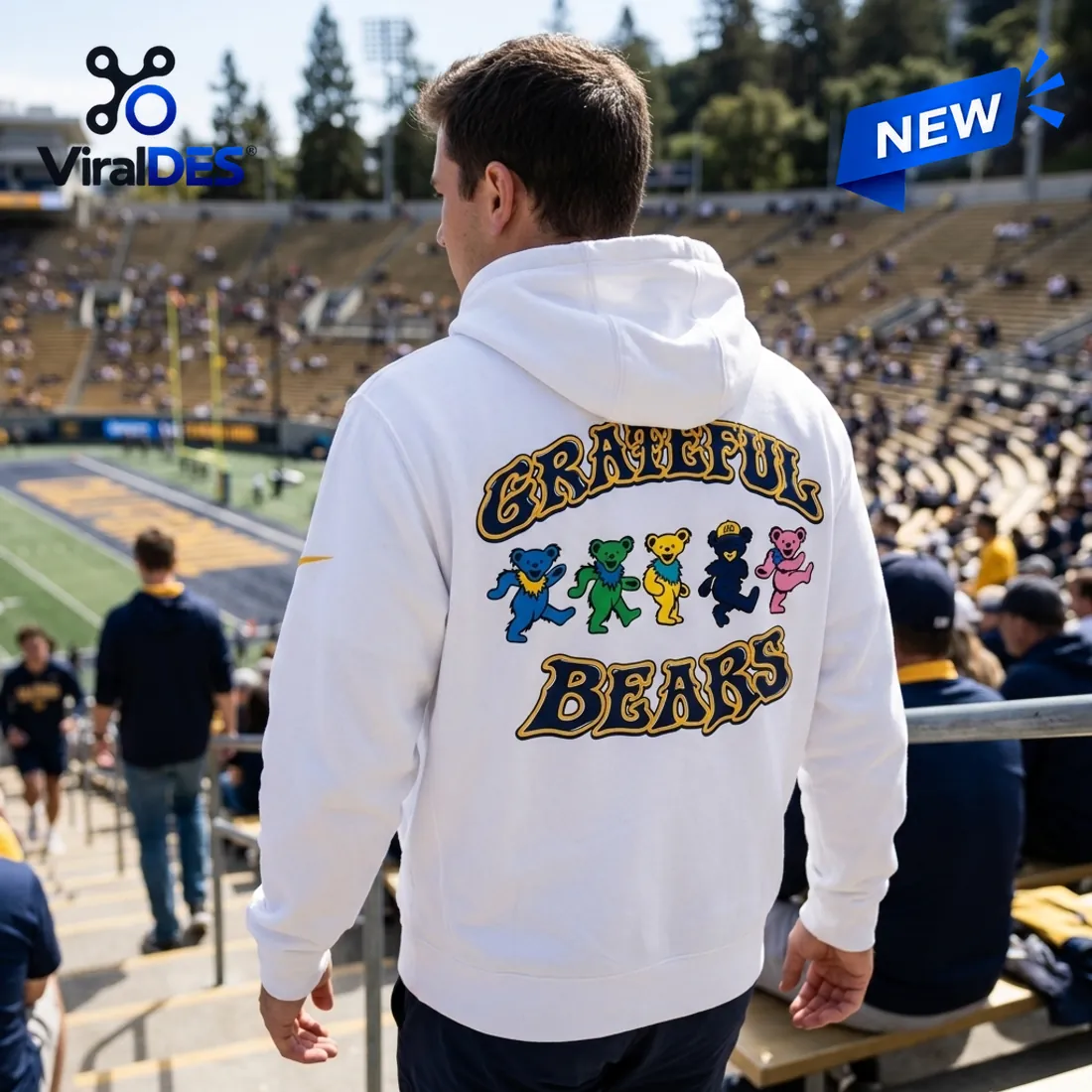 Rear view of the California Golden Bears Grateful Dead White Hoodie worn inside California Memorial Stadium
