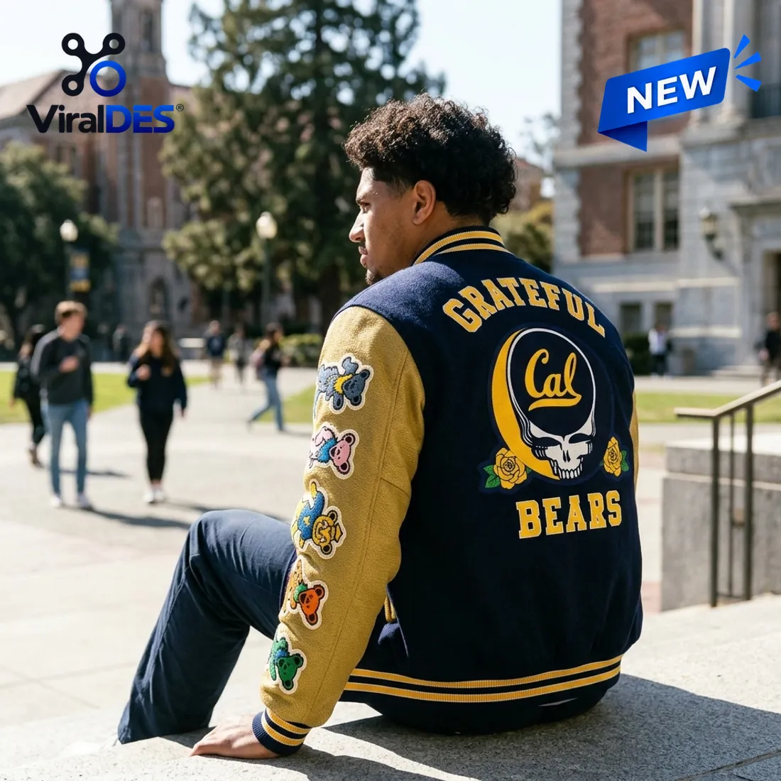Rear and side view of the California Golden Bears NCAA x Grateful Dead Varsity Jacket displaying the GRATEFUL BEARS back crest and striped rib-knit hem