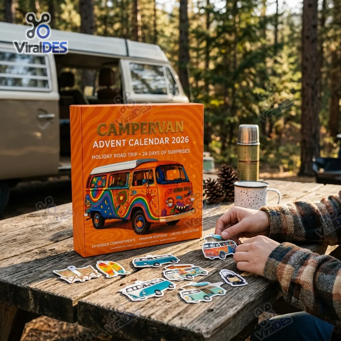 Campervan Advent Calendar 2026 box on an outdoor wooden picnic table in front of a vintage camper with flat acrylic van and lantern ornaments