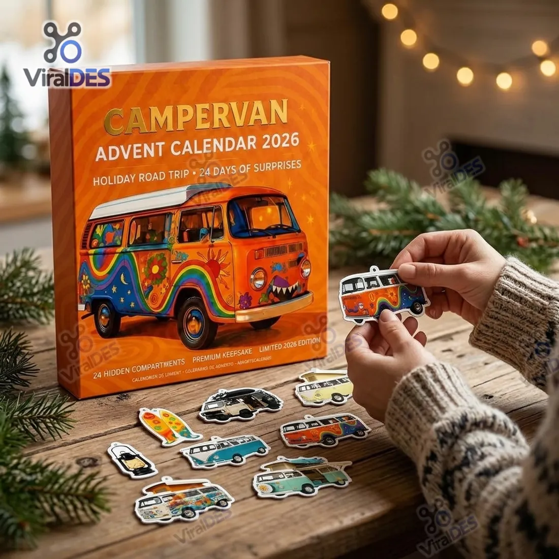 Hands holding a flat contour-cut acrylic rainbow campervan ornament with top hanging eyelet beside the Campervan Advent Calendar 2026 box
