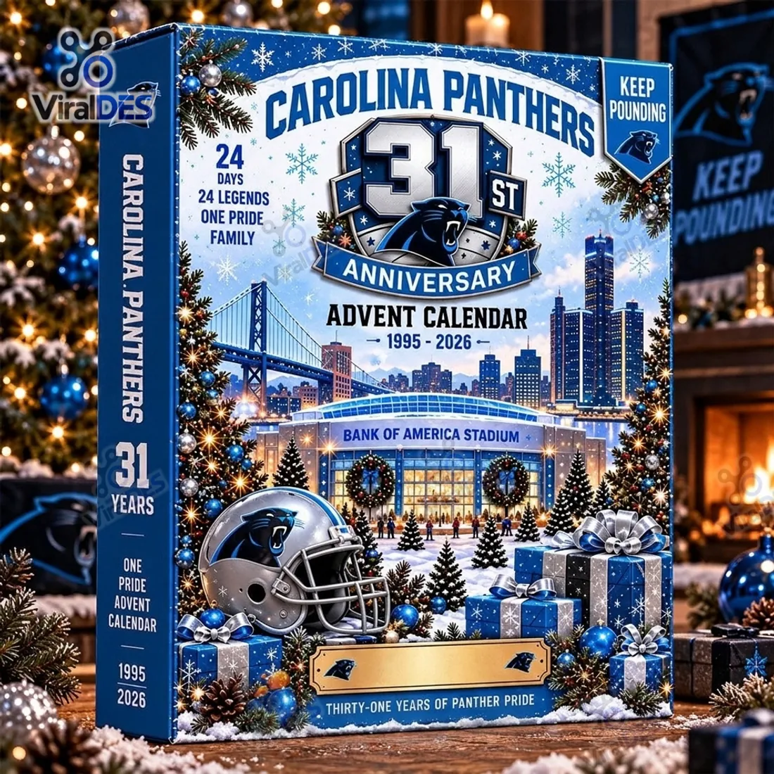 Angled view of the Carolina Panthers 31st Anniversary Advent Calendar collector box featuring Bank of America Stadium winter artwork and spine lettering