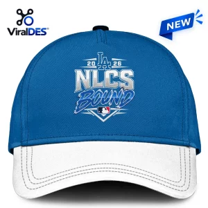 Front view of blue and white baseball hat with NLCS Bound 2026 graphic.