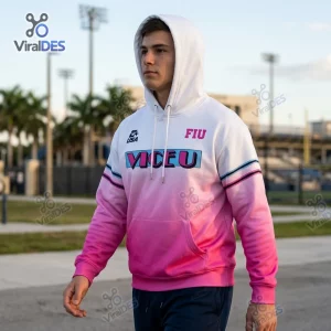 Front view of a man wearing a Florida International University ViceU 305 Hoodie with a pink ombre design.