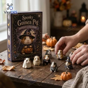 Front view of Spooky Guinea Pig Halloween Countdown Advent Calendar box with miniature figurines on wooden table.