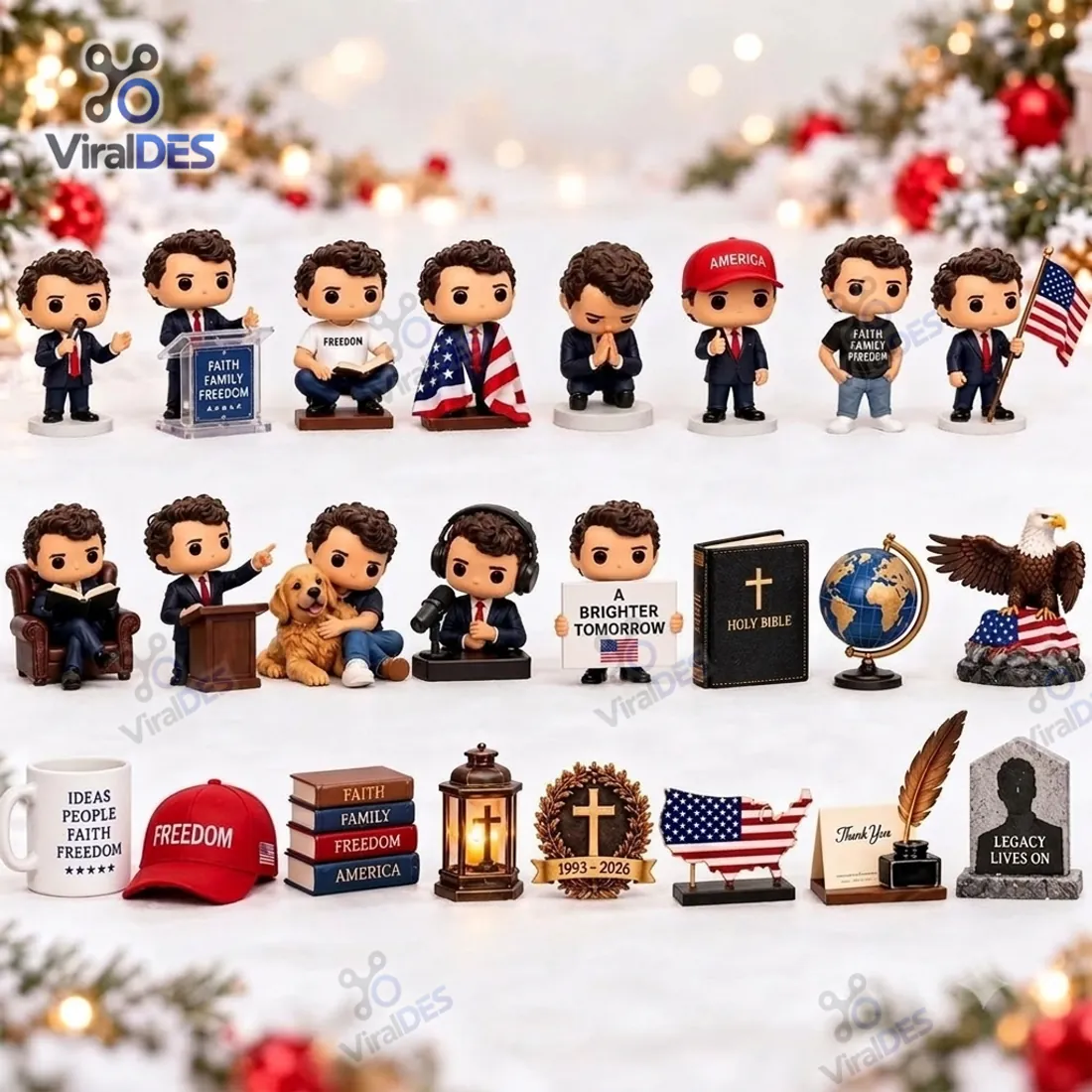 Complete 24-piece grid of the Charlie Kirk Memorial Advent Calendar 2026 displaying 13 chibi Charlie Kirk figurines and 11 Faith Family Freedom memorial miniatures