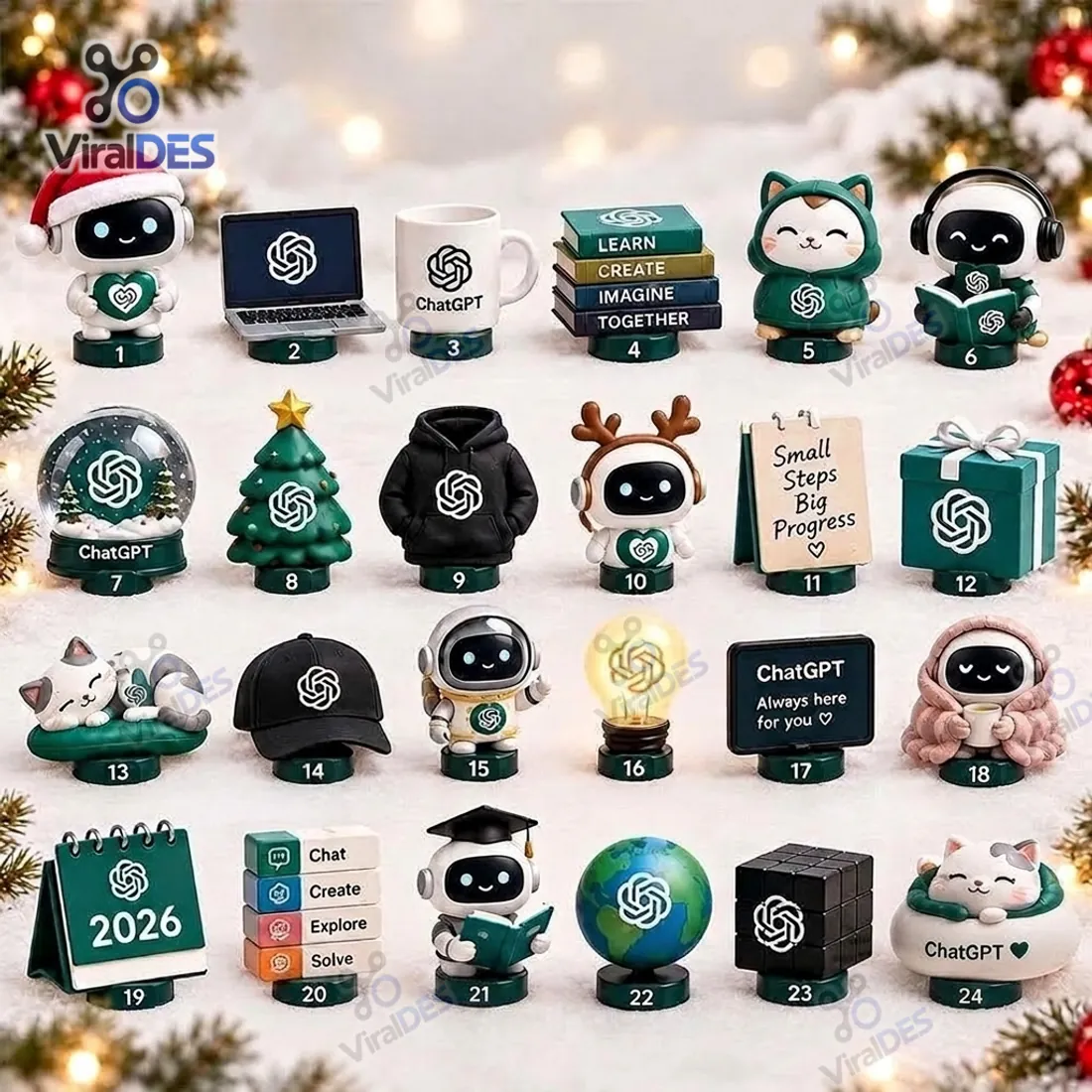 Complete 24-piece numbered grid of the ChatGPT Advent Calendar 2026 displaying 7 chibi AI robot figurines, 2 sleeping cats, and 15 branded workspace miniatures