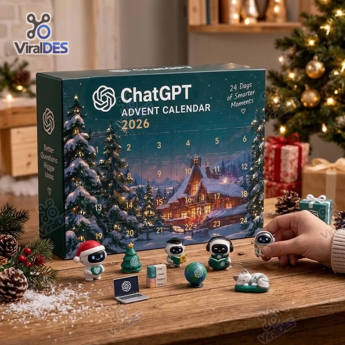 ChatGPT Advent Calendar 2026 pine-green collector box standing on a wooden desk beside freestanding 3D robot figurines, miniature laptop, Earth globe, and sleeping cat