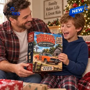 Father and son opening The Dukes of Hazzard 2026 Advent Calendar near a Christmas tree.