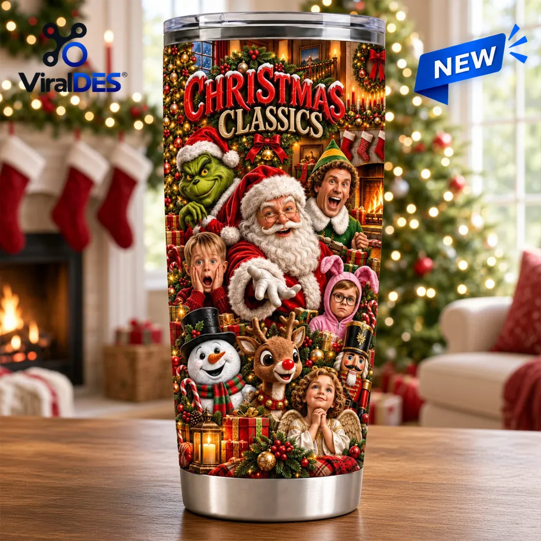 Tabletop view of the Christmas Characters Movie Stainless Steel Tumbler in front of a decorated Christmas tree and fireplace