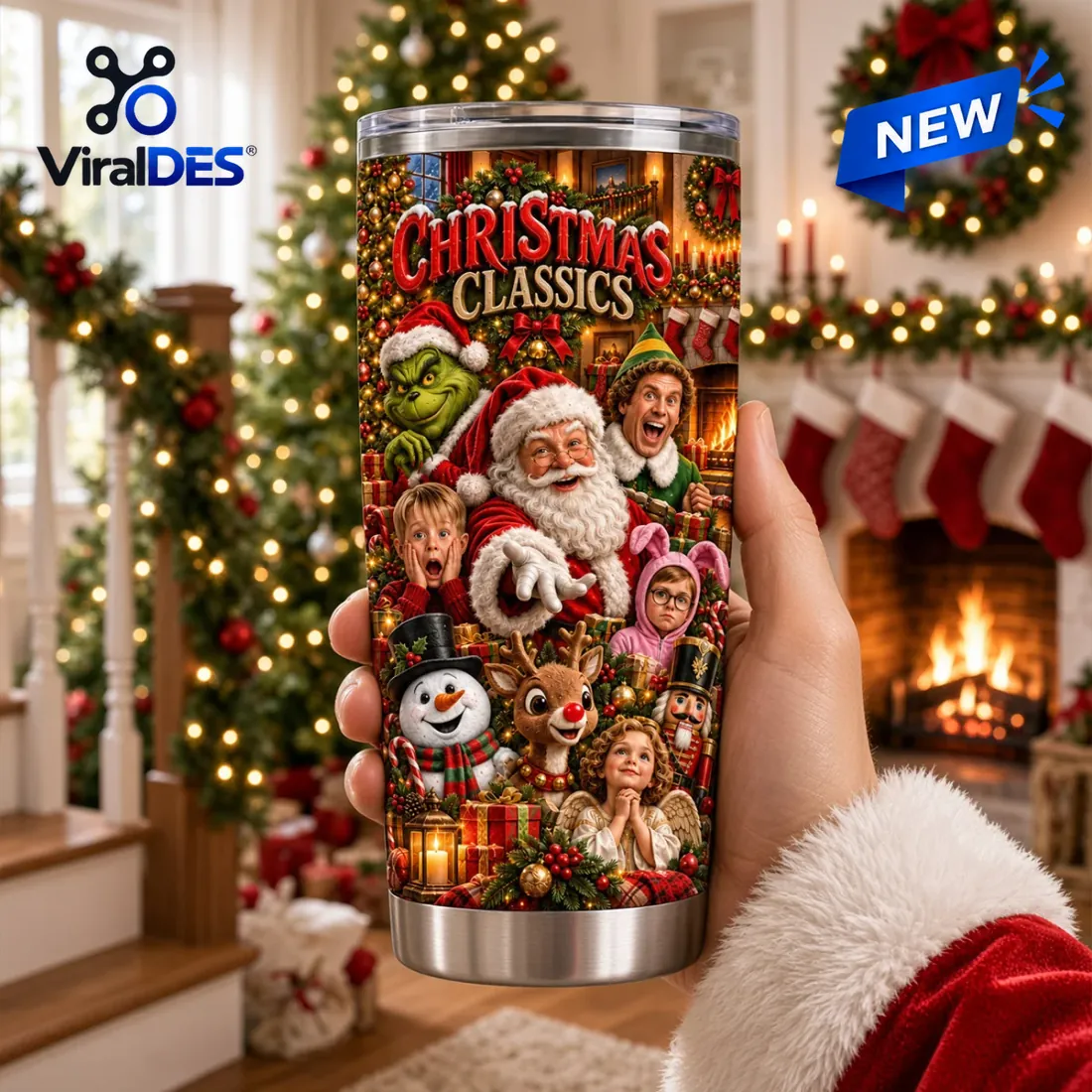 Hand holding the Christmas Characters Movie Stainless Steel Tumbler displaying the sleek handleless silhouette and clear press-fit lid