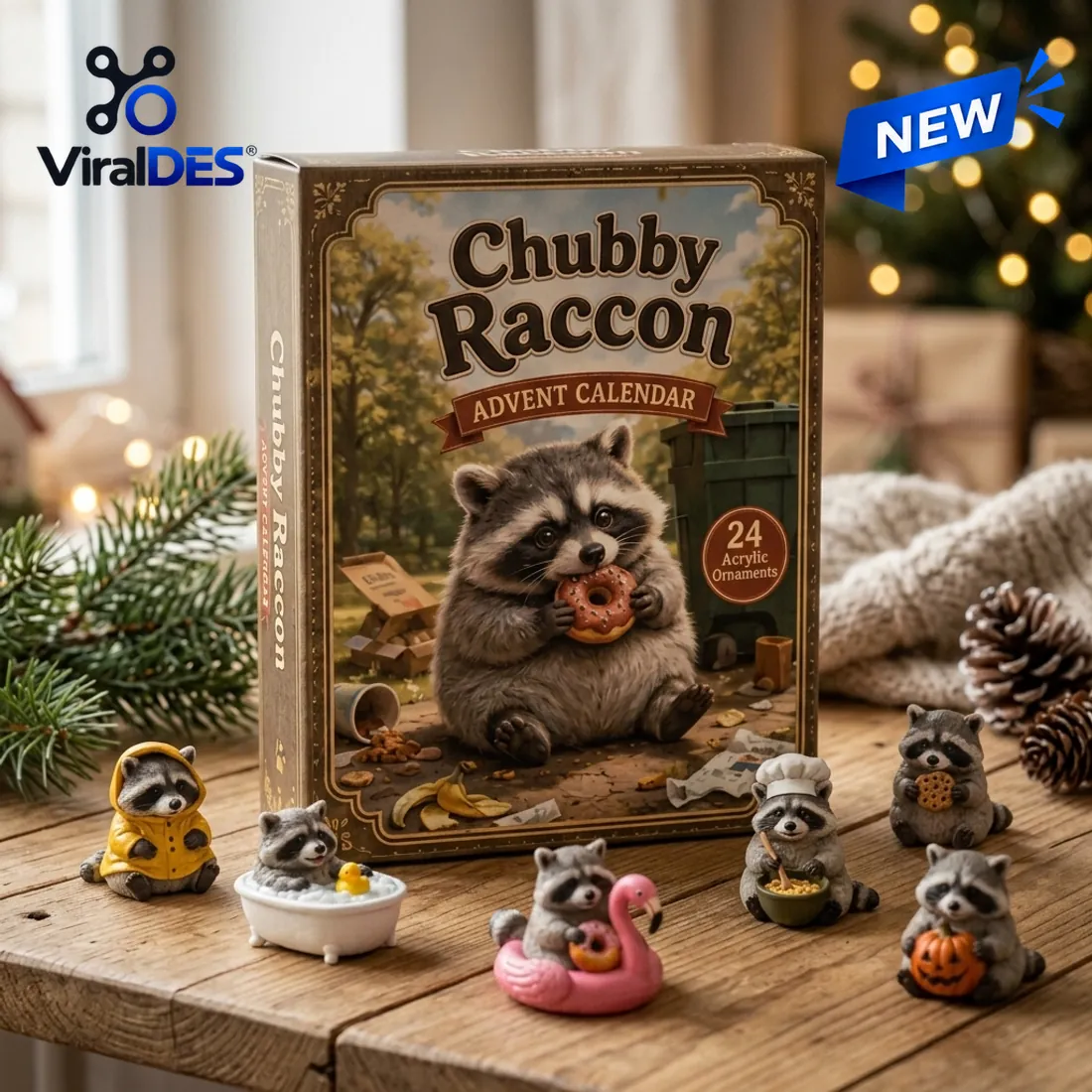 Chubby Raccoon Advent Calendar box displayed on a wooden table with miniature raccoons in a yellow raincoat, bubble bath, pink flamingo float, and chef hat