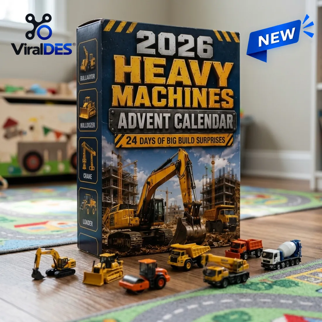 2026 Heavy Machines Construction Vehicles Advent Calendar box displayed on a playroom road mat with miniature excavator, bulldozer, road roller, and cement mixer
