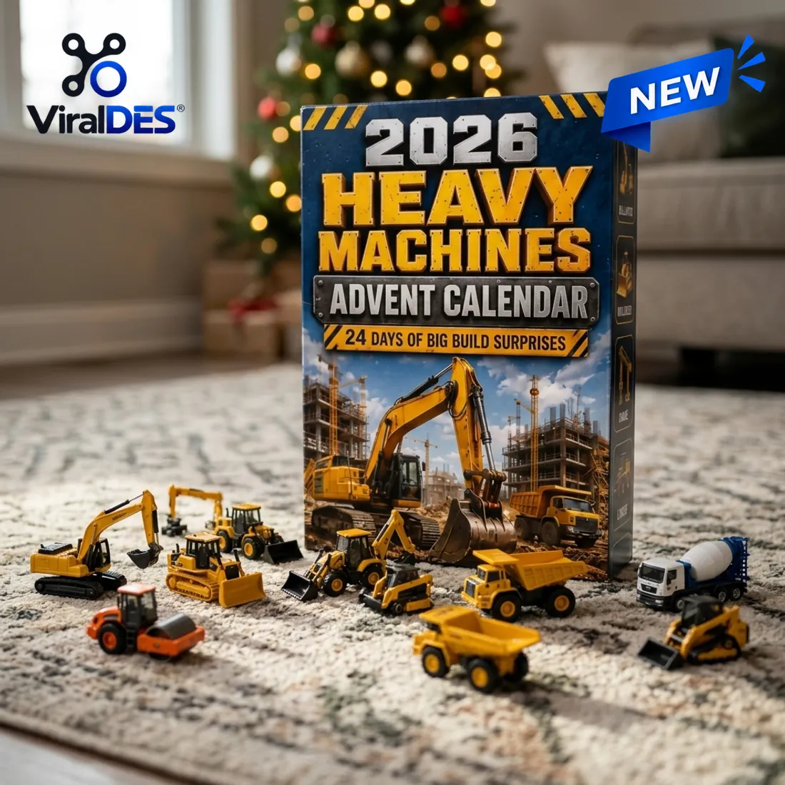 Construction Vehicles Advent Calendar displayed in front of a Christmas tree with 12 miniature heavy machines arranged on a living room rug