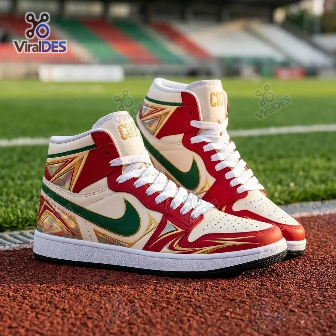 Front-angled view of the Cristiano Ronaldo Portugal Red Air Jordan 1 High Top Sneakers on a running track displaying gold CR7 tongue lettering and forest-green Swoosh
