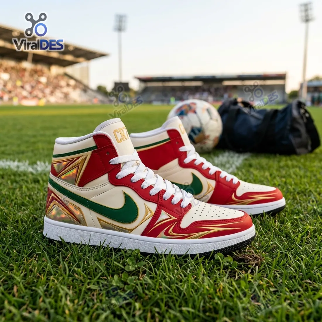 Lateral pitch-side view of the Cristiano Ronaldo Portugal Red Air Jordan 1 High Top Sneakers on stadium turf grass with a soccer ball in the background