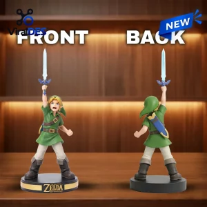 Front and back view of The Legend of Zelda 40th Anniversary Link Vinyl Figure holding a sword.