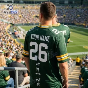 Back view of fan wearing Green Bay Packers Fourth Wing custom football jersey with number 26 in crowded stadium.