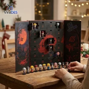 Front view of Naruto Advent Calendar 2026 with numbered boxes opened and miniature figures lined up on a wooden table.