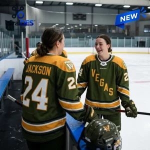 Two players wearing olive green Las Vegas PWHL Limited Edition Hockey Jerseys on an indoor ice rink.