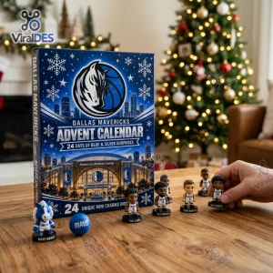 Front view of Dallas Mavericks 2026 Advent Calendar box on a wooden table with mini figures.