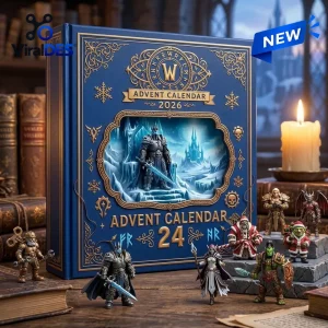 Front view of the World of Warcraft 2026 Advent Calendar box with golden filigree and miniature figures displayed around it.