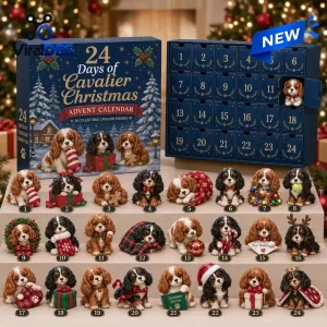 Front view of a Cavalier King Charles Spaniel Christmas Advent Calendar with twenty-four numbered figurines.