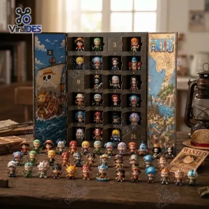 Front view of One Piece Advent Calendar 2026 open with 24 numbered doors and figures displayed.