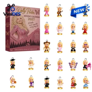 Front view of the Dolly Parton 2027 Advent Calendar box next to its twenty figurines.