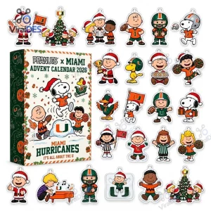 Front view of Peanuts x Miami Hurricanes 2026 Advent Calendar box and character ornaments.