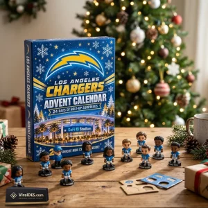 Front view of the Los Angeles Chargers 2026 Advent Calendar box next to miniature figurines on a wooden table.