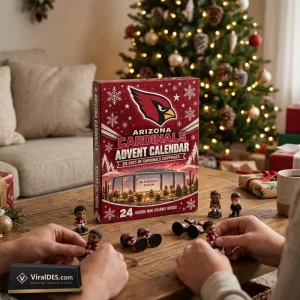 Front view of an Arizona Cardinals 2026 Advent Calendar on a wooden table with mini figures.
