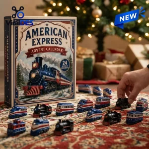 Front view of an American Express Advent Calendar box with toy train ornaments displayed on a rug.