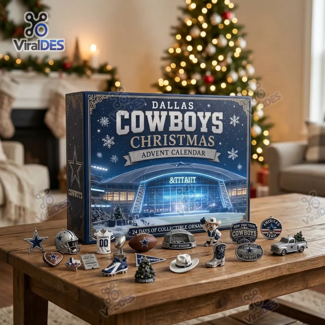 Dallas Cowboys Christmas Advent Calendar box displayed on a wooden coffee table with sculpted miniature ornaments