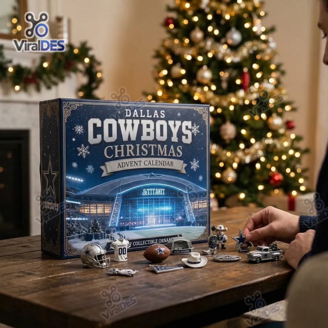 Close-up arrangement of Dallas Cowboys Advent Calendar miniature helmet, jersey, stadium, and pickup truck ornaments