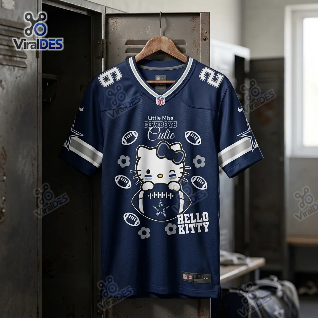 Dallas Cowboys x Hello Kitty Custom Football Jersey hanging in a metal locker with Little Miss Cowboys Cutie chest graphic and Lone Star sleeve stripes
