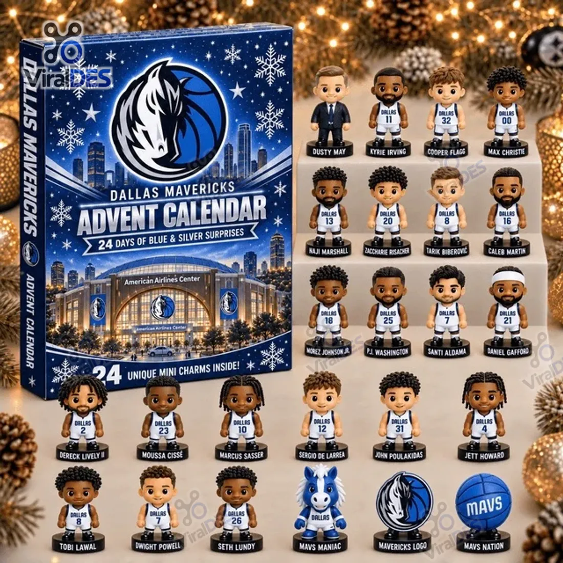 Dallas Mavericks 2026 Advent Calendar box alongside all 24 freestanding 3D miniature player figurines, coach, mascot, logo crest, and basketball on labeled circular bases
