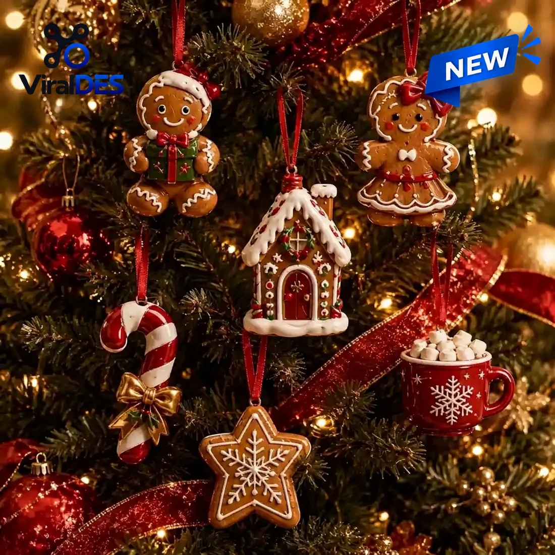 Six 3D Christmas Bakery Collection ornaments hanging from red satin ribbons on an illuminated Christmas tree including gingerbread figures, cottage, candy cane, star cookie, and cocoa mug