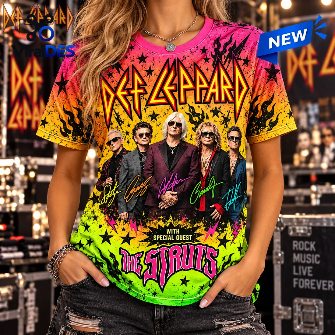 On-body front view of the Def Leppard Goo Goo Dolls Tour Shirt showing band portrait and The Struts guest logo