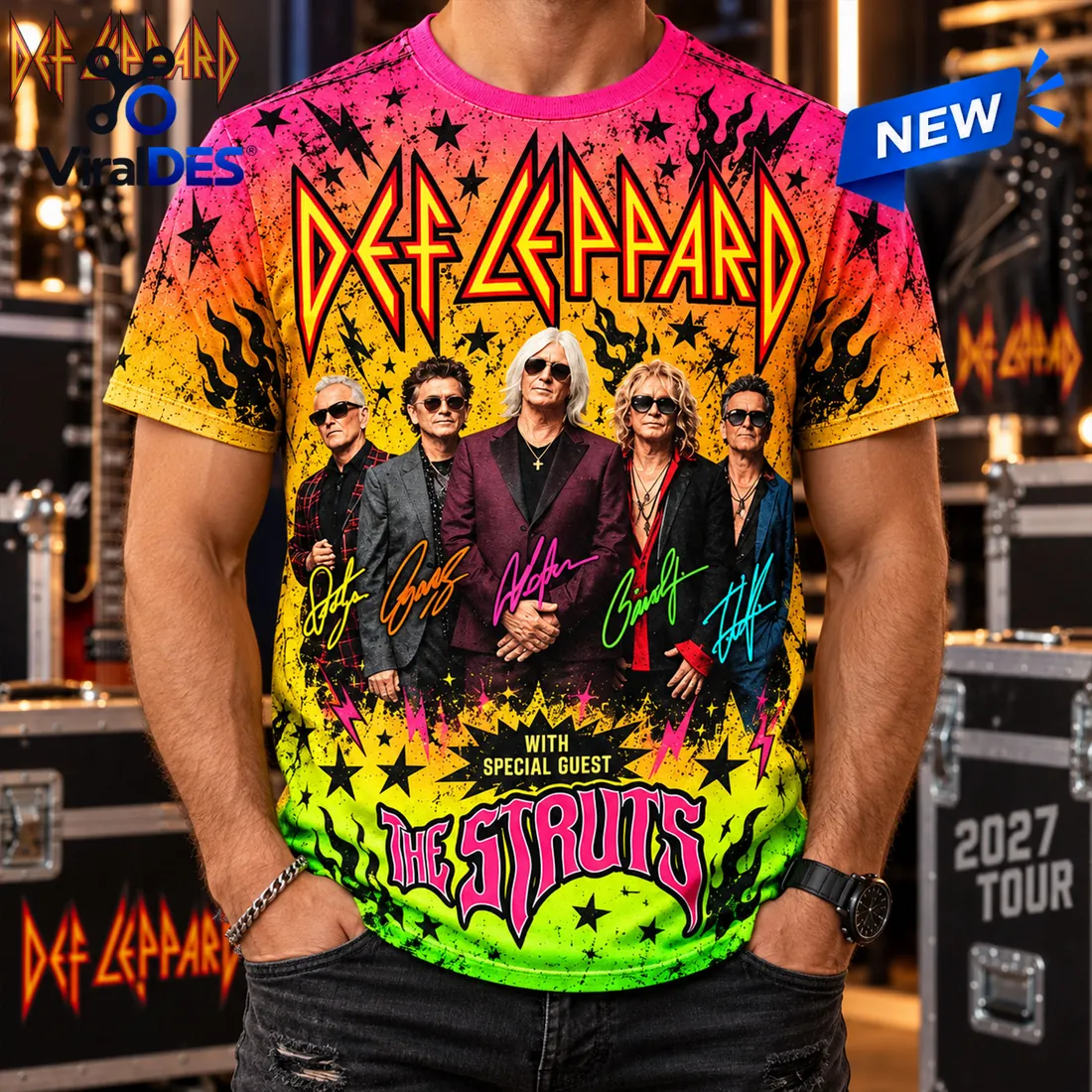 Close-up detail of the Def Leppard Goo Goo Dolls Tour Shirt showing neon facsimile signatures and flame graphics