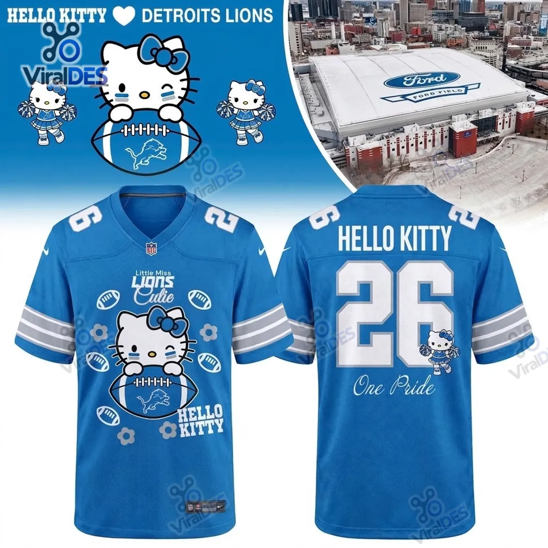 Detroit Lions x Hello Kitty Blue Football Jersey Detroit Lions x Hello Kitty Blue Football Jersey